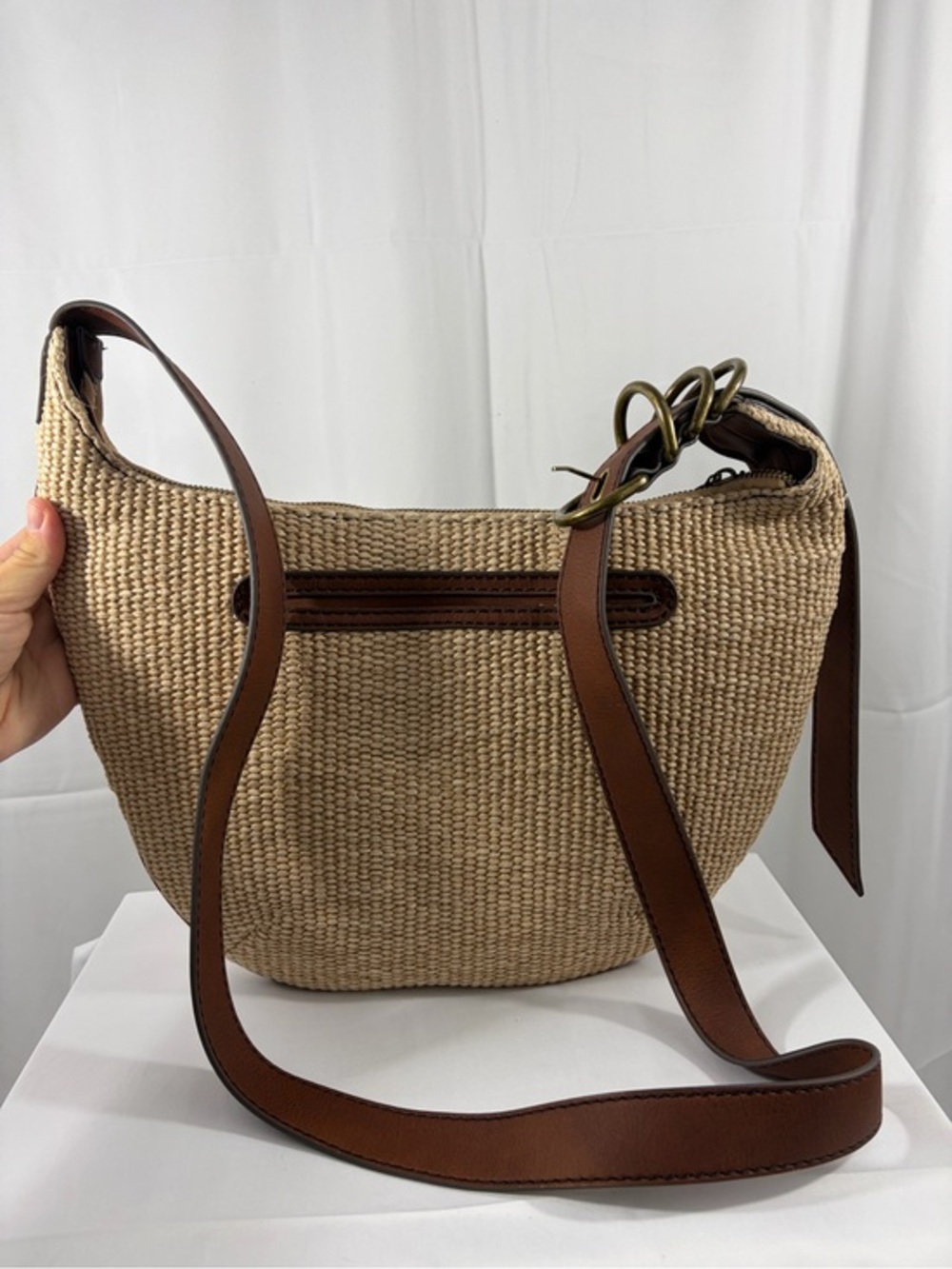 NWT A.N.A. Woven Canvas Bag with Brown Leather Trim/Strap